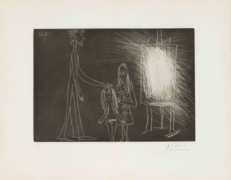 After Pablo Picasso; Piero Crommelynck avec sa Femme et sa Fille Dans l'Atelier II (Piero Crommelynck with His Wife and Daughter in Studio II) (Bloch 1856) (Baer 1846)