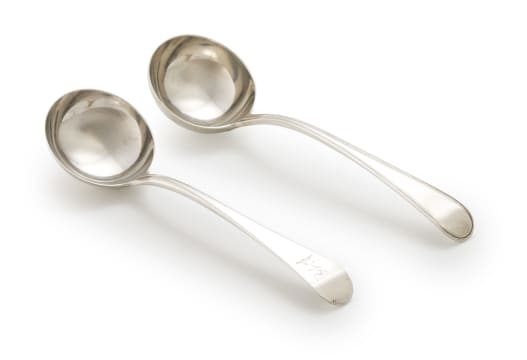 A near pair of George III silver sauce ladles, Benjamin Smith III, London, 1783 and John Lampert, 1769