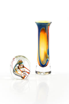 David Reade; Cylindrical glass vase with flared rim; amber and blue paperweight, two