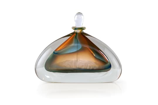 David Reade; Glass perfume bottle and stopper with amber and teal inclusions
