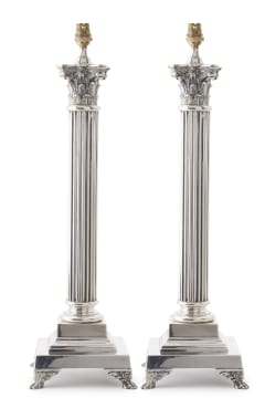 A pair of silver-plated Corinthian column table lamps, 20th century