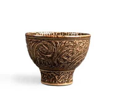 David Schlapobersky and Felicity Potter; Brown and beige stem bowl with spiral relief design