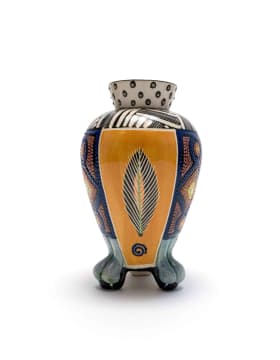 Andile Dyalvane; Claw-footed vase painted with abstract patterns and feather motifs