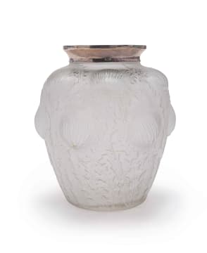 René Lalique; René Lalique 'Domrémy' opalescent and clear glass vase with silver hallmarked collar, No.979, designed 1926