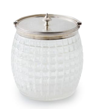 A silver-plate-mounted cut-glass biscuit barrel, 20th century