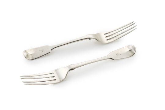 A pair of Cape silver 'Fiddle' pattern table forks, Lodewyk Willem Christiaan Beck, c.1847-1867