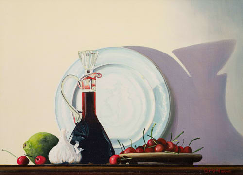 Geoff Horne; Still Life with Fruit, Vegetables and Bottle