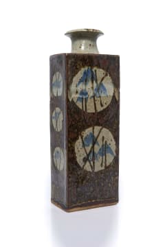 Tim Morris; Rectangular bottle shaped vase with plants and circular motif