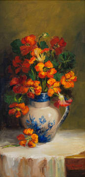 Mari Vermeulen-Breedt; Nasturtiums in a Blue and White Jug