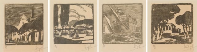 Clément Sénèque; Cape Dutch Buildings with Figures; An Old Fashioned Garden; Ship at the Docks; Rhodes Memorial, four