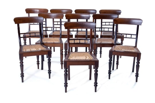 Set of ten Cape stinkwood 'bobbin-rail' Regency side chairs, late 19th century