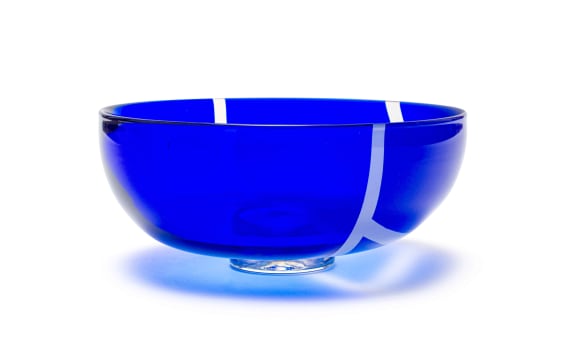 David Reade; Circular cobalt blue glass bowl with frosted geometric design