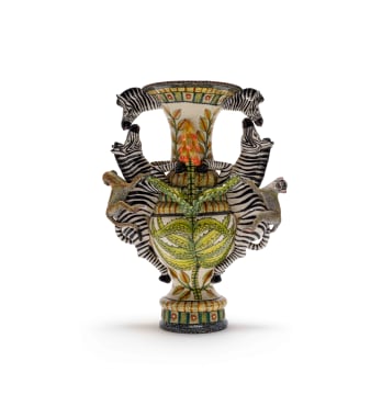 Thulani Mntungwa, George Manyathela and Mbusi Mfuphi; Vase decorated with zebra, monkey and leaf motifs