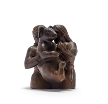 Laura Rautenbach; Two Figures Holding a Dog