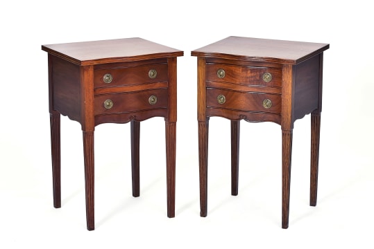 Pair of Louis XVI style mahogany bow-fronted bedside tables, 20th century