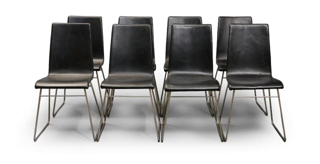Set of eight black leather dining chairs attributed to Haldane Martin, South Africa