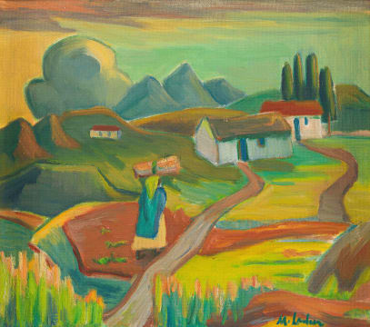 Maggie Laubser; Landscape with Houses and a Figure