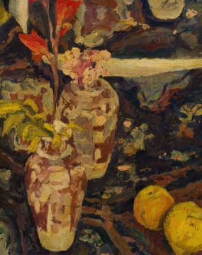 Jennifer Lynne Crooks; Still Life with Vases of Flowers and Fruit