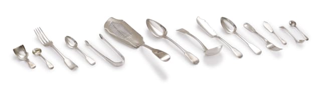 A miscellaneous group of George III silver 'Fiddle' pattern flatware, various makers and dates, 1804-1916