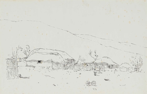 Pieter Wenning; Hilly Landscape with Huts and Figrues
