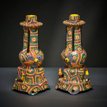 Ardmore Ceramic Studio; Pair of yellow bird candlesticks