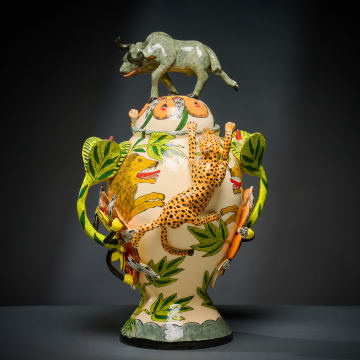 Ardmore Ceramic Studio; Leopard, lion and wildebeest lidded vessel