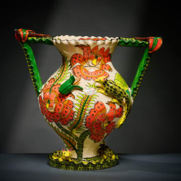 Ardmore Ceramic Studio; Wild cat, flower and corn vase with handles