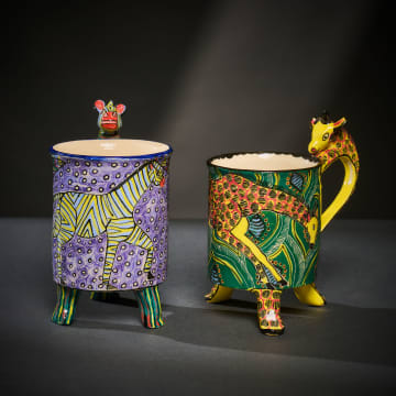 Ardmore Ceramic Studio; Pair of zebra and giraffe mugs