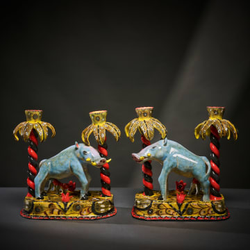 Ardmore Ceramic Studio; Pair of warthog candle holders