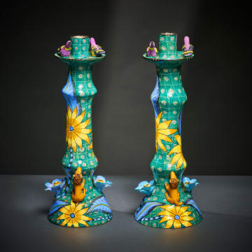 Ardmore Ceramic Studio; Lion and bird candlesticks