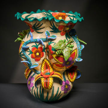 Ardmore Ceramic Studio; Flower and cricket three-lobed vase