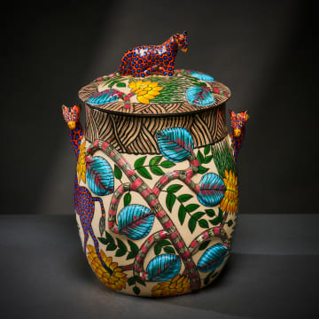Ardmore Ceramic Studio; Red giraffe and leaf lidded vessel
