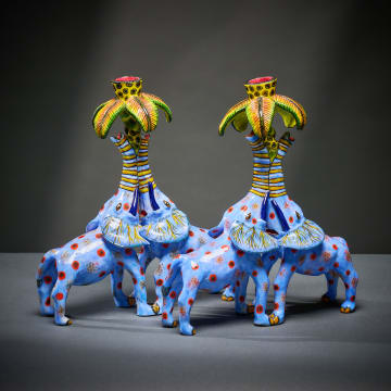 Ardmore Ceramic Studio; Pair of blue elephant candlesticks