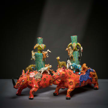 Ardmore Ceramic Studio; Rhino candlesticks with animals