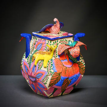Ardmore Ceramic Studio; Bird, jackal and flower lidded vessel