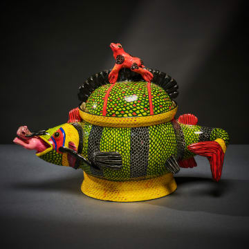 Ardmore Ceramic Studio; Fish, man and frog lidded vessel
