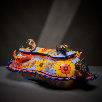 Ardmore Ceramic Studio; Lizard and fish lidded vessel