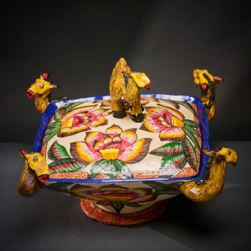 Ardmore Ceramic Studio; Camel and flower lidded vessel