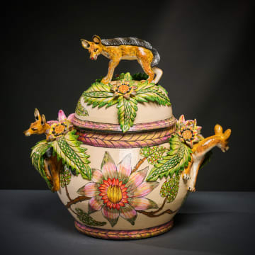 Ardmore Ceramic Studio; Black backed jackal and leaf tureen