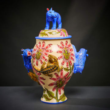Ardmore Ceramic Studio; Hippo and crocodile lidded vessel