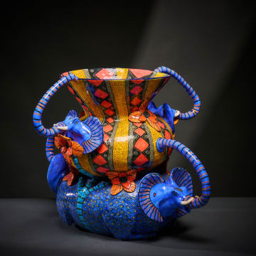 Ardmore Ceramic Studio; Blue elephant vase with handles