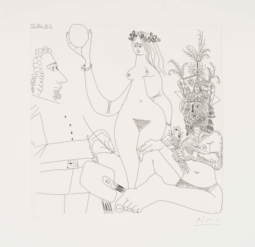 Pablo Picasso; Peintre devant une des Trois Grâces de Raphaël, et un Homme des Bois au Chapeau de Fête (Painter Before One of Raphael’s Three Graces and a Woodsman in a Festive Hat) (Bloch 1731) (Baer 1748) (Rauch 453)