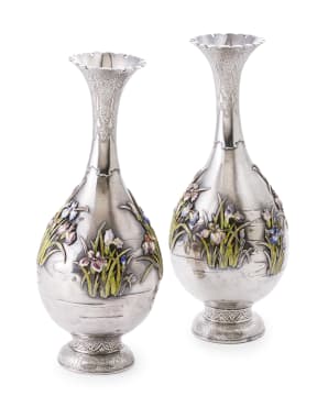 A pair of Japanese silver and enamel vases, Meiji period, 1868-1912