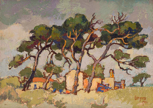 Gregoire Boonzaier; Windewaaide Bome en Huisie (Windswept Trees and House)