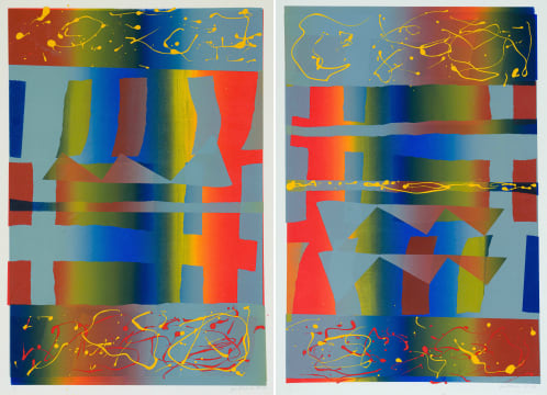 Gail Altschuler; Abstract Composition in Blues, Greens and Reds, two