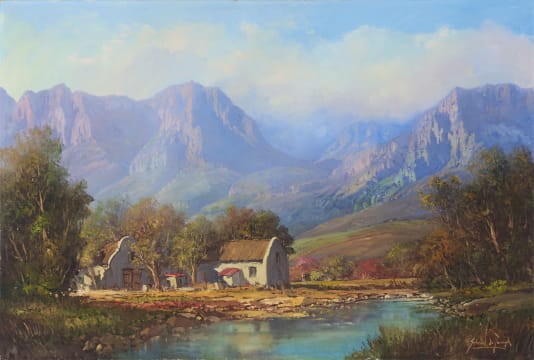 Gabriel de Jongh; Landscape with River and Cape Dutch House