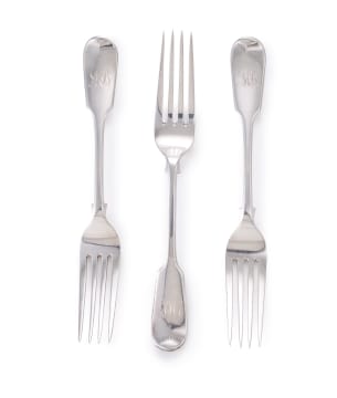 Three Victorian silver 'Fiddle' pattern dinner forks, John James Whiting, London, 1851