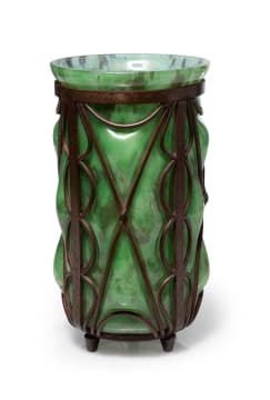 Louis Majorelle; Green glass vase moulded into wrought iron frame