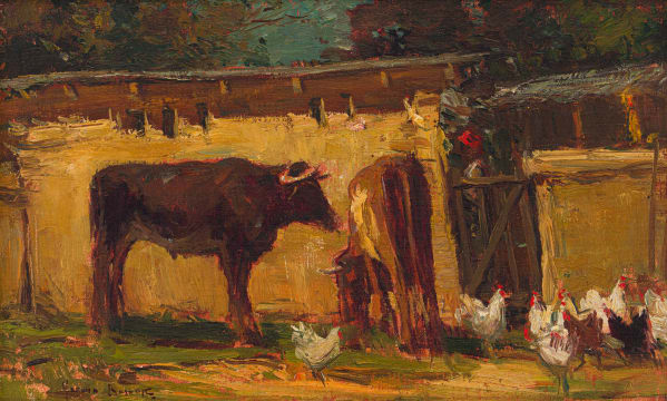 Adriaan Boshoff; Farm Scene with Cattle and Chickens