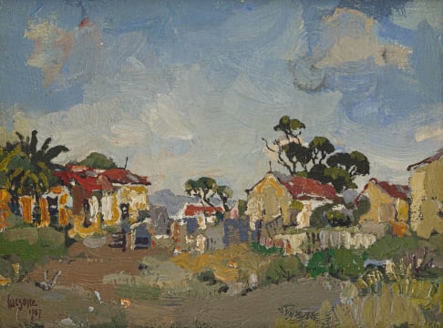Gregoire Boonzaier; Tussen die Rooidak-Kleurlinghuisies Landsdowne (sic) Kaap (Between the Red-Roofed Coloured Houses, Lansdowne, Cape)